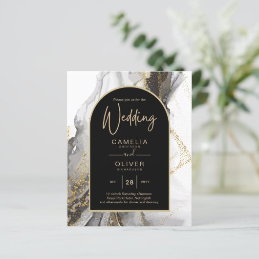 Moderne Schwarz-Gold-Agate-Marmor-Glitzer Hochzeit (Stehend Vorderseite)