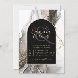 Moderne Schwarz-Gold-Agate-Marmor-Glitzer Hochzeit Einladung