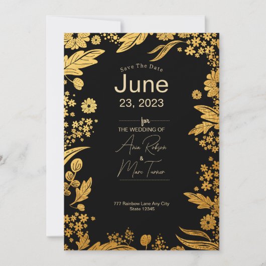 Moderne Schwarz-Gold-Blüte Save the Date (Vorderseite)