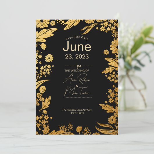 Moderne Schwarz-Gold-Blüte Save the Date (Stehend Vorderseite)