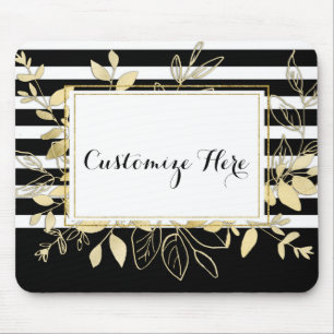Moderne Schwarz-Gold-Botanische Blätter Glamour Ch Mousepad