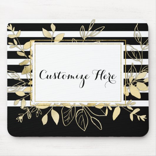 Moderne Schwarz-Gold-Botanische Blätter Glamour Ch Mousepad (Vorne)