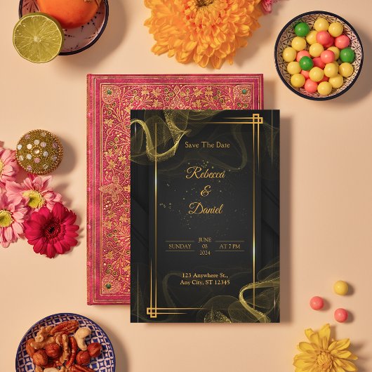 Moderne Schwarz & Gold-Elegante Hochzeit retten da Dankeskarte