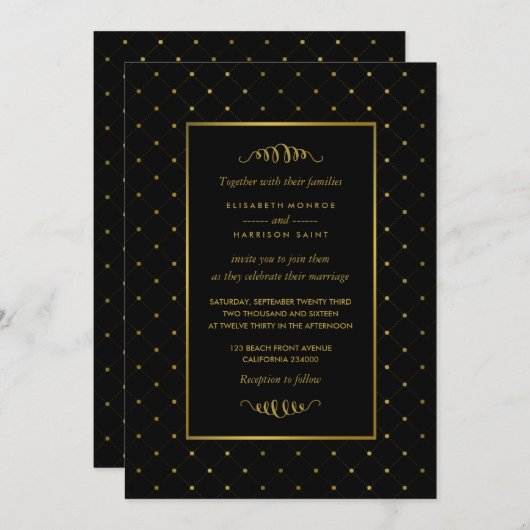 Moderne Schwarz-Gold-Foil-Effekt Hochzeit Einladung (Vorne/Hinten)