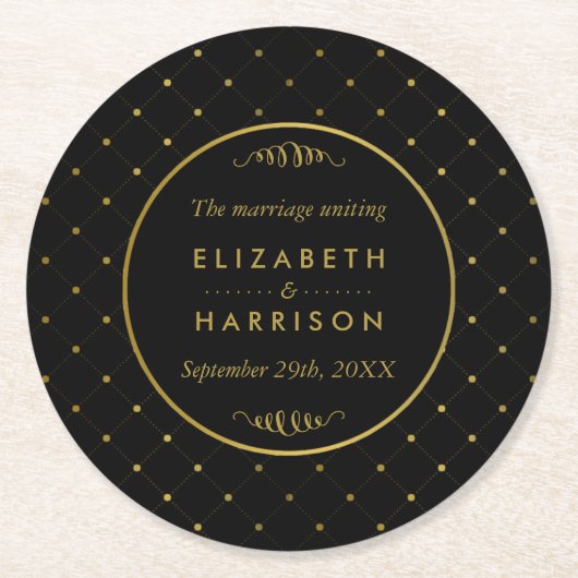 Moderne Schwarz-Gold-Foil-Effekt Hochzeit Runder Pappuntersetzer (Vorderseite)