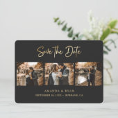 Moderne Schwarz-Gold-Foil-Hochzeit 3 Foto Save The Date (Stehend Vorderseite)