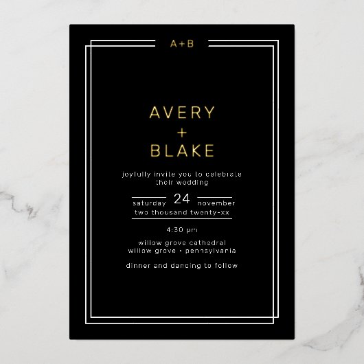 Moderne Schwarz-Gold-Foil-Hochzeitsfeier / JEDE Folieneinladung (Vorderseite)