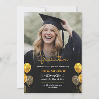 Moderne Schwarz-Gold-Foto-Abschlussfeier Einladung