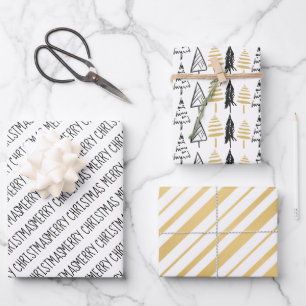 Moderne Schwarz & Gold Frohe Weihnachtsbaumen Geschenkpapier Set