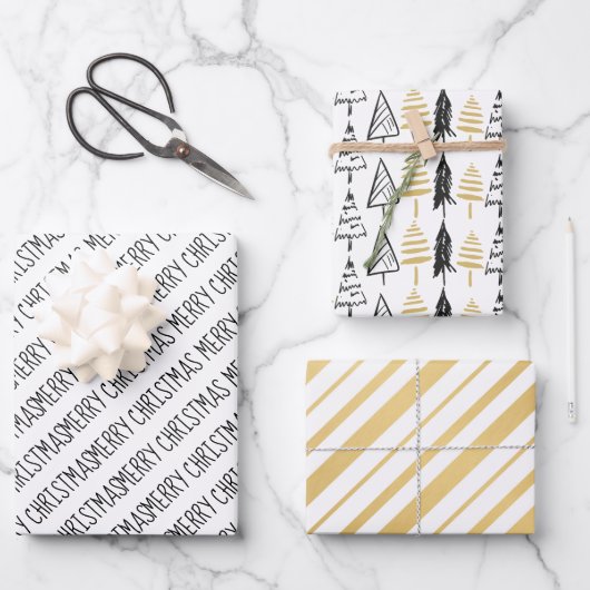 Moderne Schwarz & Gold Frohe Weihnachtsbaumen Geschenkpapier Set (Vorderseite)