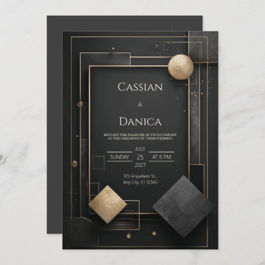 Moderne Schwarz-Gold Geometric Wedding Einladung (Vorne/Hinten)