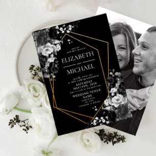 Moderne Schwarz-Gold-Geometrie-Foto-Hochzeit Einladung