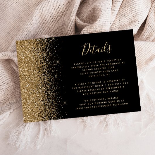 Moderne Schwarz-Gold-Glitzer-Edge-Hochzeitsdetails Begleitkarte