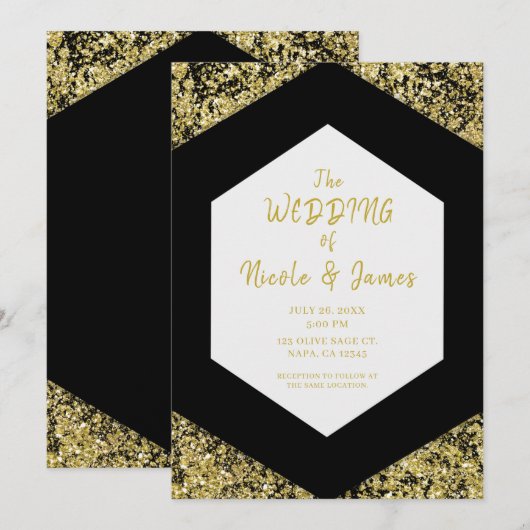 Moderne Schwarz-Gold-Glitzer-Flakes Hochzeit Einladung (Vorne/Hinten)