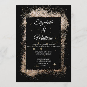 Moderne Schwarz-Gold-Glitzer-Minimalistische Hochz Einladung
