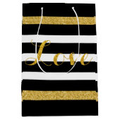 Moderne Schwarz-Gold-Glitzer-Streifen Mittlere Geschenktüte (Vorderseite)