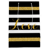 Moderne Schwarz-Gold-Glitzer-Streifen Mittlere Geschenktüte (Rückseite)