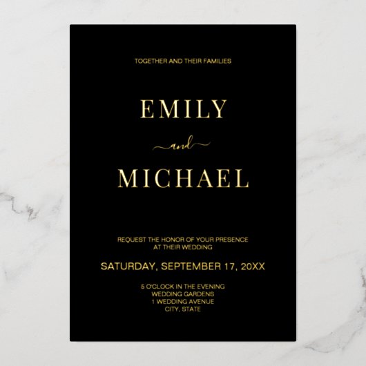 Moderne Schwarz-Gold-Hochzeit Folieneinladung (Vorderseite)