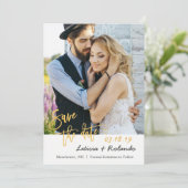 Moderne Schwarz-Gold-Hochzeit spart das Date-Foto Save The Date (Stehend Vorderseite)
