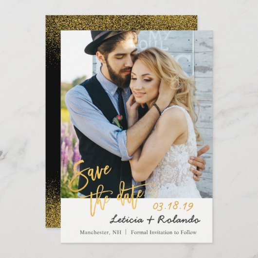 Moderne Schwarz-Gold-Hochzeit spart das Date-Foto Save The Date (Vorne/Hinten)