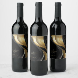 Moderne Schwarz-Gold-Hochzeit Weinetikett