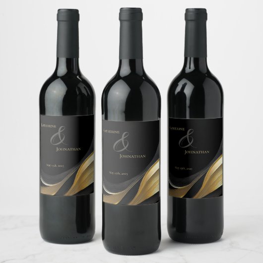 Moderne Schwarz-Gold-Hochzeit Weinetikett (Flaschen)