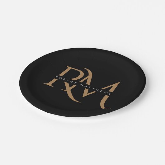 Moderne Schwarz-Gold-Initialen Elegant Mit Monogra Pappteller (Schrägansicht)