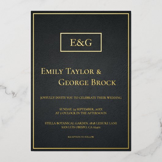 Moderne Schwarz-Gold-Monogram-Rustikale Hochzeit Folieneinladung (Vorderseite)