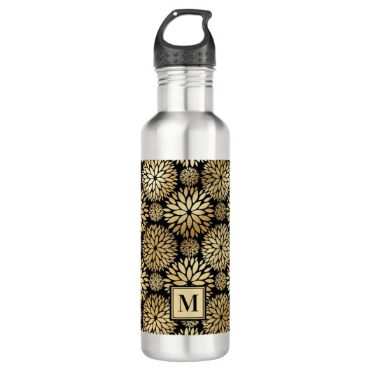 Moderne Schwarz-Gold-Monogramm Edelstahlflasche (Vorderseite)