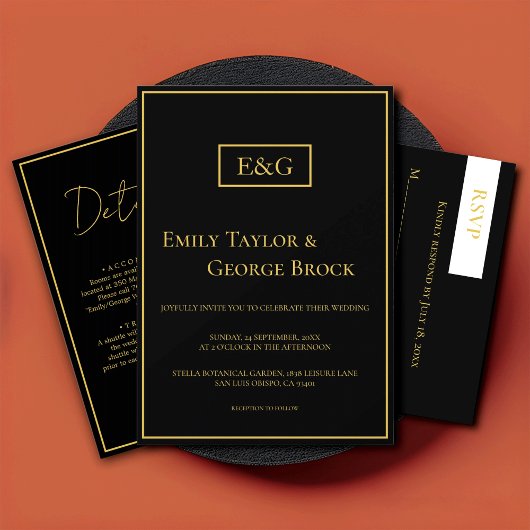 Moderne Schwarz-Gold-Monogramm-Hochzeit Einladung