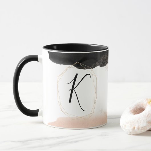 Moderne Schwarz-Gold-Monogramm Tasse (Mit Donut)