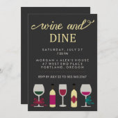 Moderne Schwarz-Gold-Party-Flaschen und Glas Einladung (Vorne/Hinten)