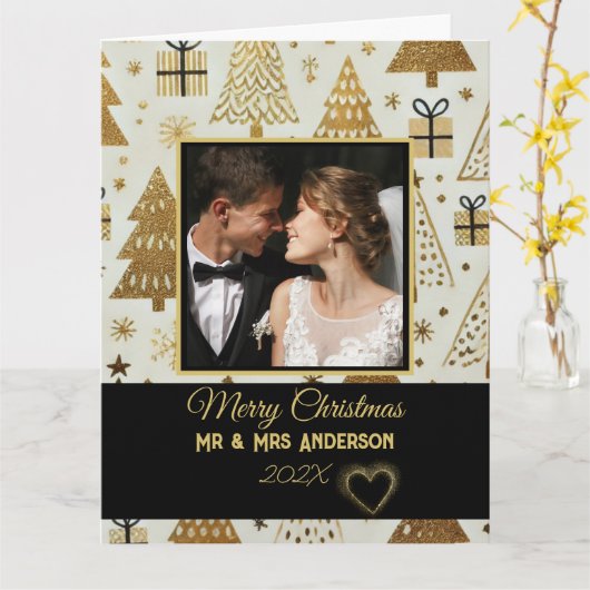 Moderne Schwarz-Gold-Personalisierte Paare Karte (Gelbe Blume)