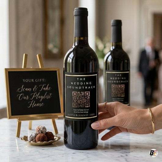 Moderne Schwarz & Gold QR-Code-Hochzeitsplaylist Weinetikett