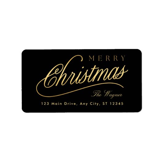 Moderne Schwarz & Gold Script Frohe Weihnachten Adressaufkleber (Vorne)