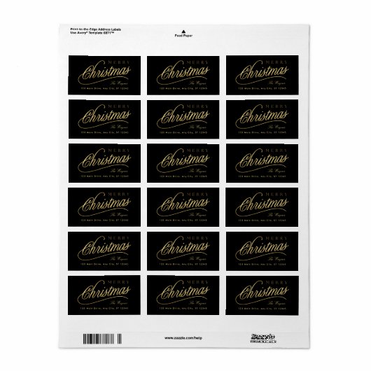 Moderne Schwarz & Gold Script Frohe Weihnachten Adressaufkleber (Vorne)