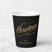 Moderne Schwarz & Gold Script Frohe Weihnachten Pappbecher (Rückseite)