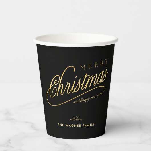 Moderne Schwarz & Gold Script Frohe Weihnachten Pappbecher (Rückseite)
