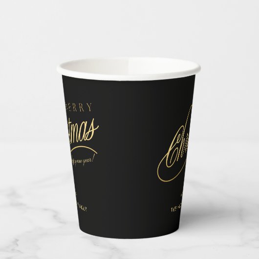 Moderne Schwarz & Gold Script Frohe Weihnachten Pappbecher (Links)