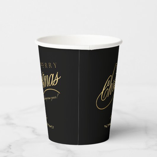 Moderne Schwarz & Gold Script Frohe Weihnachten Pappbecher (Rechts)