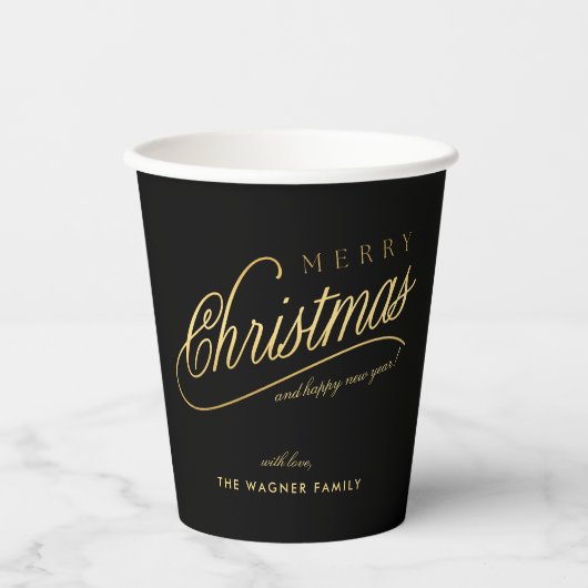 Moderne Schwarz & Gold Script Frohe Weihnachten Pappbecher (Vorderseite)