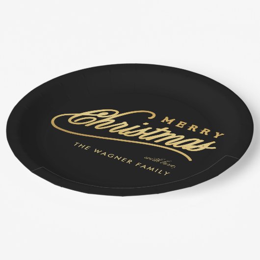 Moderne Schwarz & Gold Script Frohe Weihnachten Pappteller (Schrägansicht)