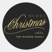 Moderne Schwarz & Gold Script Frohe Weihnachten Runder Aufkleber (Vorderseite)