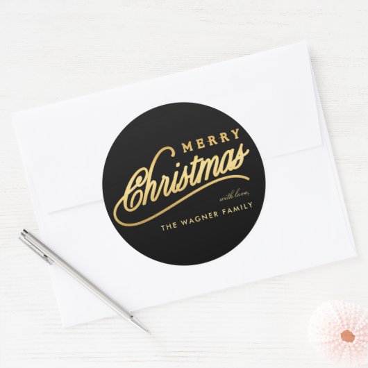 Moderne Schwarz & Gold Script Frohe Weihnachten Runder Aufkleber (Umschlag)