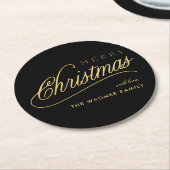 Moderne Schwarz & Gold Script Frohe Weihnachten Runder Pappuntersetzer (Angewinkelt)