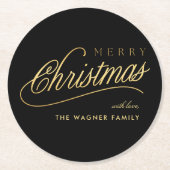 Moderne Schwarz & Gold Script Frohe Weihnachten Runder Pappuntersetzer (Vorderseite)