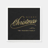 Moderne Schwarz & Gold Script Frohe Weihnachten Serviette (Vorderseite)
