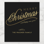 Moderne Schwarz & Gold Script Frohe Weihnachten Weinetikett (Einzelnes Label)