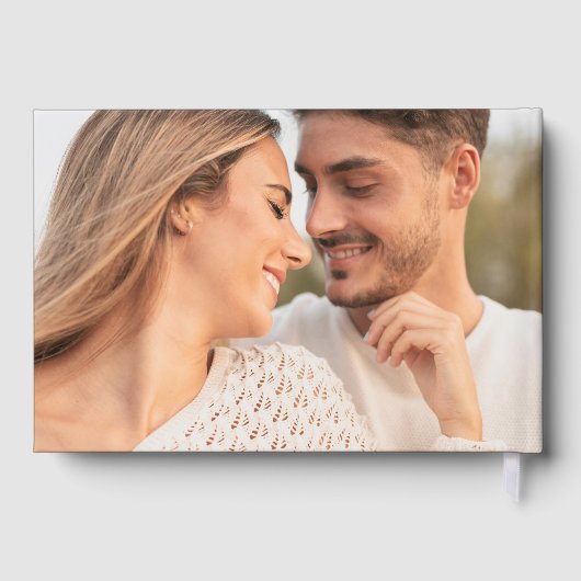 Moderne Schwarz-Gold-Wavy-Frame-Foto-Hochzeit Gästebuch (Rückseite)