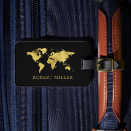 Moderne Schwarz/Gold-Weltkarte Personalisiert Gepäckanhänger